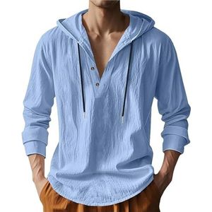 CupitiDU Linnen strandshirt met capuchon voor heren, lichtgewicht knoopsluiting, losse pasvorm, ademend zomershirt tops met capuchon, Blauw, 3XL