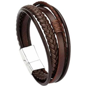 Fako Bijoux® - Armband Heren - Bruin 5 Snoeren - Mannen - 20.5cm - Leer - Magnetische Sluiting - Zilver - Bruin