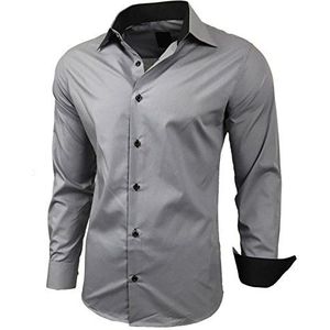 Subliminal Mode: Gemakkelijk te strijken herenoverhemd, met tweekleurige kraag, effen, lange mouwen, smalle pasvorm, zakelijk, cadeau-idee, Kerstmis, valentijnsdag, RN44, grijs., L