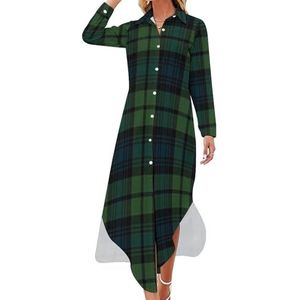 Schotse tartan geruite maxi-jurk voor dames, lange mouwen, knoopjurk, casual feestjurk, lange jurk, XL