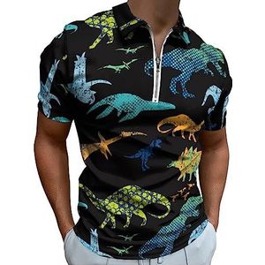 Retro Dino Patroon Polo Shirt voor Mannen Casual Rits Kraag T-shirts Golf Tops Slim Fit