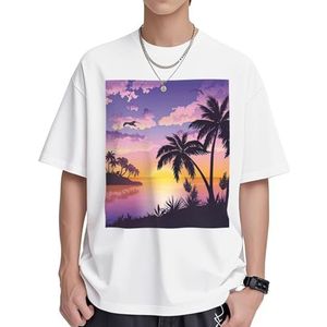 Zomer Palmboom Print Dames Katoenen T-shirts Casual Korte Mouw Tuniek Tops Ronde hals Zomer Basic Loose Fit Tee, Wit, S