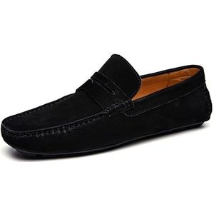 Heren loafers schoen vierkante neus echt leer penny rijden loafers comfortabel antislip flexibel feestwandelen instapper (Color : Black Nubuck Leather, Size : 44.5 EU)