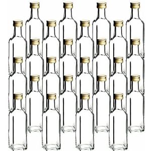 gouveo Set van 24 glazen flessen 100 ml Maraska met schroefdop goud - Klein flesje 0,1 l voor vulling - Lege vierkante fles voor likeur, olie (MFET100G)