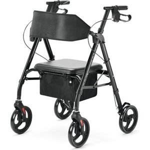 HEAO Aluminium lichtgewicht rollator voor senioren, belastbaar tot 136 kg, opvouwbare reisollator, 50 cm brede zitting, outdoor en indoor loophulp, in hoogte verstelbare zitting en handgreep, zwart