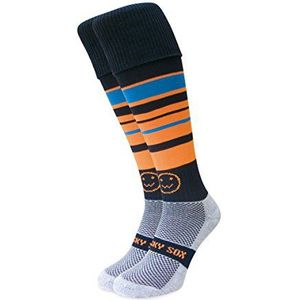 WackySox Bright Hoop Rugby Sokken, Hockeysokken, Sportsokken voor mannen en vrouwen - Geschikt voor paardrijden, sport, voetbal, hockey, hardloopsokken, Oranje, Hemelsblauw, Navy Blauw, Large