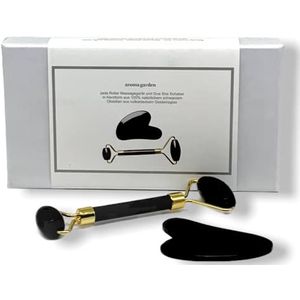 Black Jade Roller & Gua Sha Scraping Facial Tools Geschenkset, natuurlijke zwarte obsidiaan steen hartvorm Guasha, hals ogen gezichtsmassage gezicht anti-aging anti-rimpel