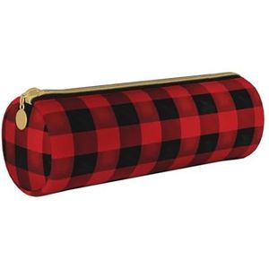 Abstracte Kleur Kubussen Paars Etui Lederen Potlood Pouch Draagbare Briefpapier Organizer Potlood Houder Make-up Tas met Ritssluiting, Rood Zwart Buffalo Check Plaid Patroon, Eén maat, Make-Up Pouch