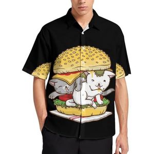 Hamburger Kat Zomer Heren Shirts Casual Korte Mouw Button Down Blouse Strand Top met Pocket 2XL