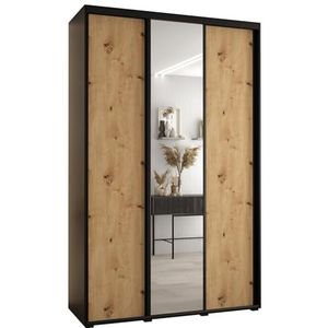 MEBLE KRYSPOL Cannes 3 Moderne Kledingkast met 3 Schuifdeuren met Bar, Planken en Spiegel - Opbergkast voor Slaapkamer, Woonkamer - 205,2x160x45 cm - Zwart Artisan Black