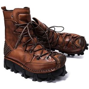 Men's riding Leather Motorcycle Boots, Mid-calf Thick soles lace-up work Boots, Winter warm snow Short Boots (Color : Brown Cotton, Size : 42 EU)