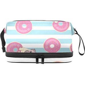 Dubbele Laag Cosmetische Tas Pug Hond Roze Donut Blauw Wit Strepen Draagbare Make-up Tas Reizen Organizer Pouch voor Vrouwen Meisjes Toiletartikelen Tassen, Meerkleurig, 27x15x14 cm/10.6x5.9x5.5 in, Make-up zakje