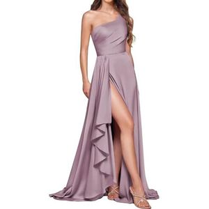 HPPEE Bruidsmeisjesjurken met één schouder en split ruches mouwloze satijnen baljurk lange baljurk, Wisteria, 32