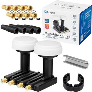 QUAD Monoblock LNB 0,1dB Double LNC HB DIGITAL SET 4 deelnemers Direct 2 Sat Astra 19,2° Hotbird 13° FULL HD TV 3D Ultra HD 4K + 4 x rubbertule + 8 x F-plug verguld FREE OF CHARGE