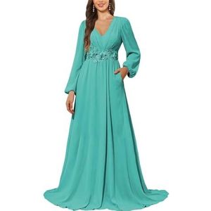 KURFACE Bruidsmeisjesjurk met lange mouwen en zakken, kanten applicatie, chiffon, moederjurk van de bruid, Turkoois, 58/Meer