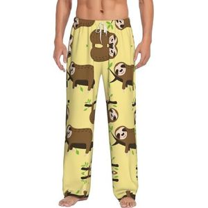 Leuke luiaards op gele citroenen mannen lange lounge wear broek nachtkleding pyjama bodems nachtkleding met zakken en trekkoord, Wit, S