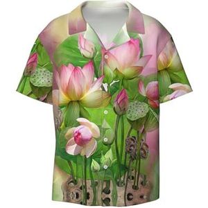 TyEdee Spirit of The Lotus Print Overhemd met korte mouwen voor heren, casual overhemd met knoopsluiting, zakelijk overhemd, Zwart, 3XL
