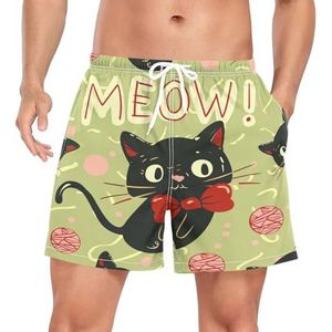 Cartoon Funny Cat Kitten Heren Zwembroek Shorts Sneldrogend met Zakken, Leuke mode, XXL