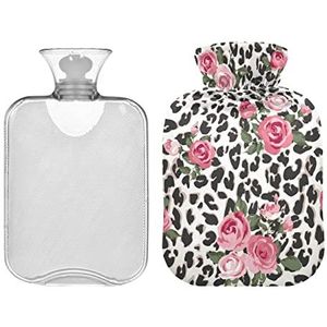 Leuke Rose Mix Leopard Warm Water Bottle met Cover, Warm Water Bag voor krampen, Pijnverlichting, PVC Hand Voeten Warmer 1L