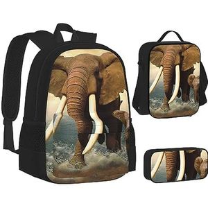 BONDIJ Olifant-blauwe zwarte rugzakken voor school met lunchbox etui, waterbestendige tas voor jongens meisjes leraar geschenken, Olifanten en babyolifanten, Eén maat