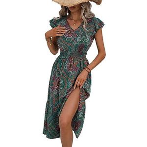 jurken voor dames Paisley-jurk met vlindermouwen en ruches aan de zoom | Boho-stijl | V-hals | Een lijn | Kapmouw | Hoge taille | Midi-lengte | Normale pasvorm | Niet-rekbare geweven stof | 100% polye