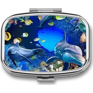 Blue Sea World Coral Dolphin Travel Pill Case 2 Compartimenten Draagbare Pil Organizer Kleine Pillendoos voor Portemonnee Pocket