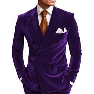 Mannen Fluwelen Pak Tuxedo 2 Stuk Pakken Dubbele Breasted Bruiloft Groomsmen Fluwelen Blazer Broek Pak, Paars, XS