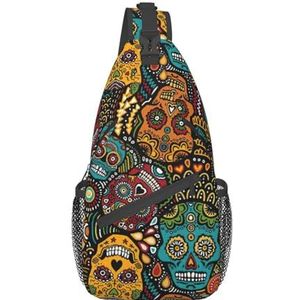 Bohemian Flower Print Crossbody Fanny Pack, Sling Rugzak Tas voor Vrouwen, Reizen Wandelen Borst Tas Dagrugzak, Suikerschedels Print, E�én maat