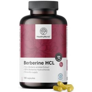 HealthyWorld Berberine HCL 500 mg – Ondersteuning van Bloedsuiker en Triglyceriden – Glucosecontrole – 180 Plantaardige Capsules, 6‑maandvoorraad – Berberis aristata‑extract – Hoge Dosering