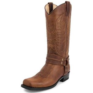 KYOESCAI Heren Western Cowboylaarzen met Riemgesp Geborduurde Slip Resistent Vierkante Teen Chunky Hak Halfhoge Laarzen,Bruin,40 EU