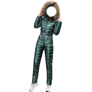 Waterdicht Skipak for Dames, Winterse Eendelige Sneeuwpak Met Bontkraag, Capuchon en Winddichte Isolatie(Green,XXL)