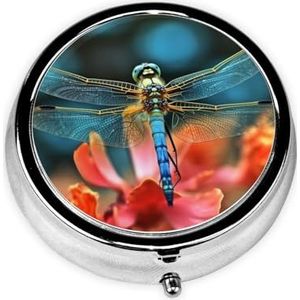 Pillendoosje met spiegel, retro pillendoosje met 3 vakken, libelle op de bloem, kleine pillenorganizer voor portemonnee of zak, decoratieve metalen medicijn-vitamineorganizer, unieke geschenken