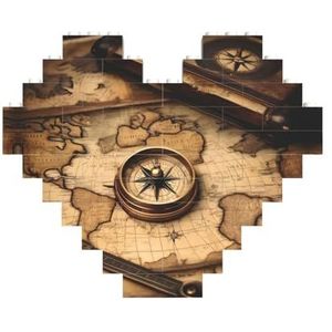 Kompas en oude wereldkaarten legpuzzel - hartvormige bouwstenen puzzel-leuk en stressverlichtend puzzelspel