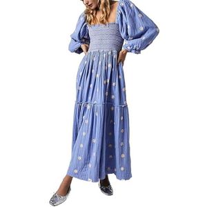 Maxi-jurk met bloemenborduursels, elegante vierkante hals, lantaarnmouwen, gelaagde vloeiende herfstjurk, strand, boho, maxi-jurk, Lichtblauw, L