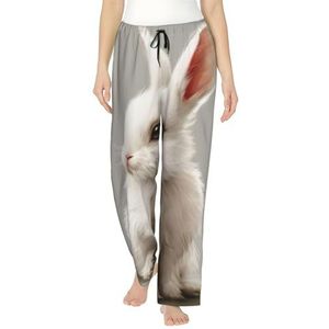 Leuke witte konijnenprint dames zachte polyester lounge pyjama broek - losse comfortabele slaap joggingbroek met zakken, Zwart, S