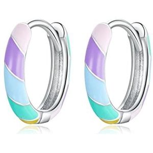 Oorbellen Echt 925 Zilver Vrouwen Veelkleurig Emaille Hart Hoepel Oorbellen Regenboog Trend Sieraden for Meisje Gift Sce909