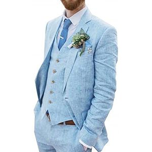 Retro blauw linnen pak for mannen casual bruiloft pak for mannen SEERSUCKER pak slim fit 3 stuks jas blazer bruidegom smoking (Kleur : Blue, Maat : 46)