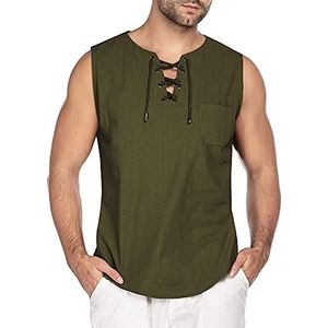 Heren Katoenen Linnen Mouwloos Vest T-shirt Met Veters, Mode T-shirt Met Grote Maten Casual Losse Tanktops, Middeleeuws Kostuum Kraag Kraag V-hals Streetwear