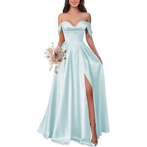 KURFACE Satijnen baljurk voor dames met split geplooide off-shoulder baljurk vloerlengte korset formele avondjurk, Lichtblauw, 34
