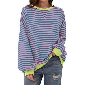 Women Oversized Striped Color Block Long Sleeve Crew Neck Sweatshirt Casual Loose Pullover Y2k Shirt (Medium,Pink)