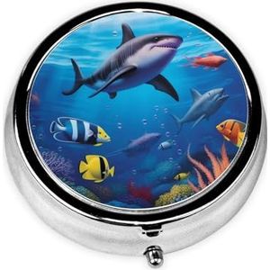 Leuke kleurrijke oceaan thema draagbare pillendoos - ronde pillenorganisator, doseerkoffer, 3 compartimenten medicijnpillendoosje voor reizen, kleine pillendoos voor portemonnee en zak