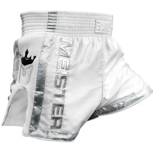 Meister Elite Muay Thai Shorts - Volledig Elastische Taille w/Mesh, Wit/Zilver, 40