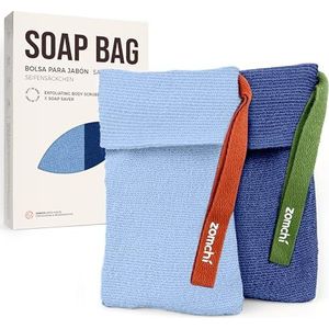 ZOMCHI 2 stuks zeepzakjes voor zeepstaven met verschillende ruwheid, exfoliërende zeepbesparende zakjes, zeepzakje voor body wash (Blauw)