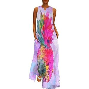 Hawaiiaanse tropische neon ananas dames enkellengte jurk slim fit mouwloze maxi-jurk casual zonnejurk S
