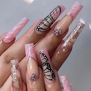 Coffin False Nails French Butterfly Press on Nails Pink Long Stick on Nails Ballerina Acrylic Fake Nails 24pcs for Women and Girls(Black,Variety Pack)