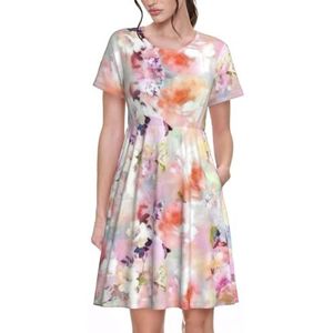 JJPUNGK Mooie Roze Bloem Print Dagelijks Dragen Vrouwen Jurken Casual Zomer Jurk met Korte Mouwen Crewneck Zakken, Zwart, S