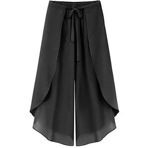 Womens Broek Wijde Pijpen,Dames Chiffon Wijde Pijpen Broek Effen Trekkoord Half Elastische Taille Palazzo Broek Elegante Flowy Gebogen Culottes Broek Mode Lichtgewicht Luchtige Cropped Broek,Black,M