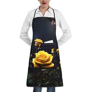 yefan Mooie gele rozen schort, keuken kookschort, chef-kokschort waterdicht verstelbaar, zacht, 1 zak in het midden, & unisex, Wit, Eén maat