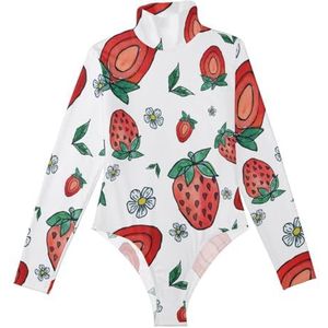 LI ZHI XIN Rompertjes met lange mouwen voor dames, eendelige jumpsuit met hoge hals, coltrui, turnpakje, top voor meisjes, dans, workout, fitness, bodysuit, fruit, aardbeienpatroon, Meerkleurig, S