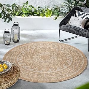 HomebyHome Vloerkleed voor binnen en buiten, weerbestendig, rond, 120 cm, beige, sisal en jute-look, balkon, tapijt, keuken, wasbaar, Greek design, camping, tuin, terras, outdoortapijt